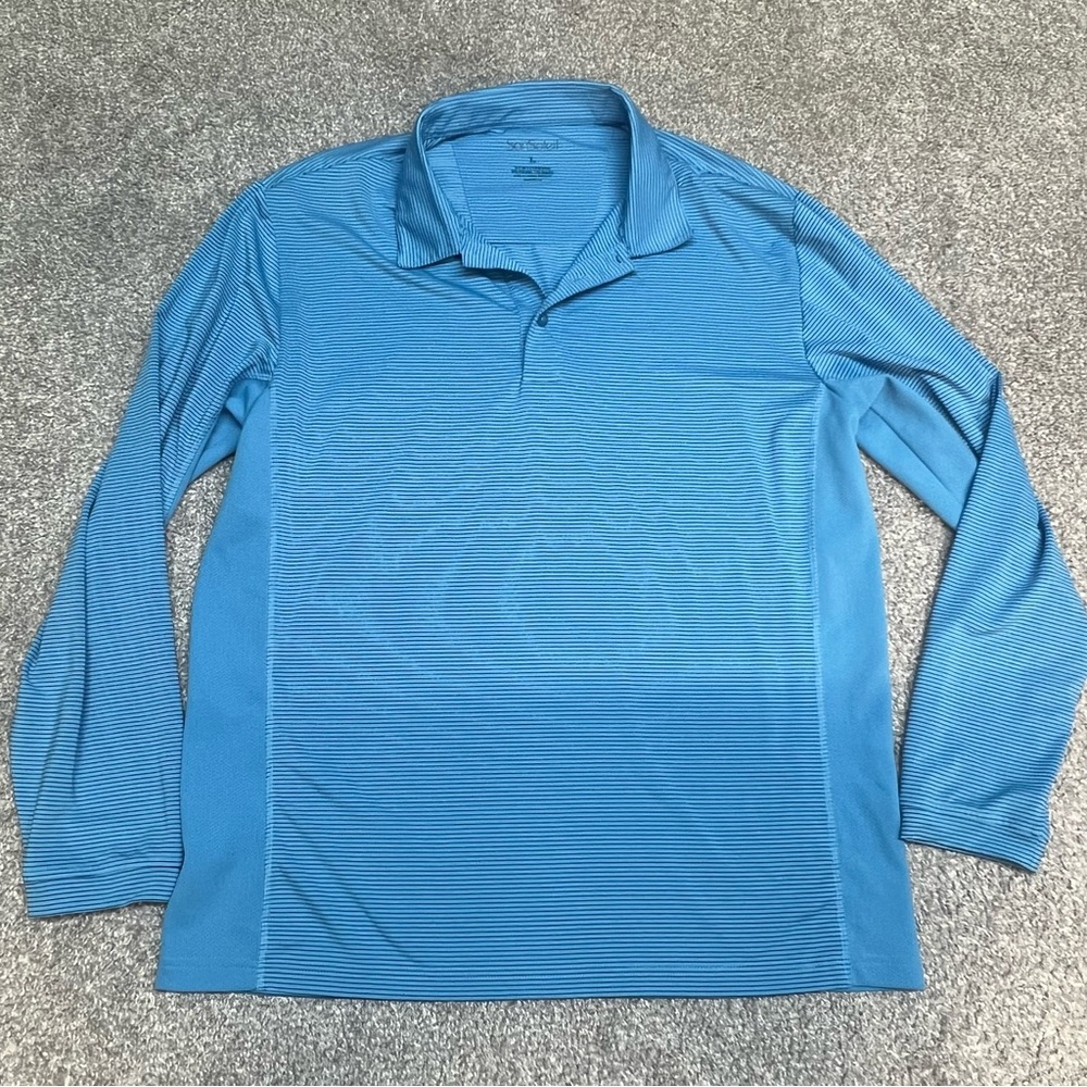 San Soleil Shirt Men’s Large Blue Striped Polo Long Sleeve UV 50+ Cooling Golf - Picture 1 of 7